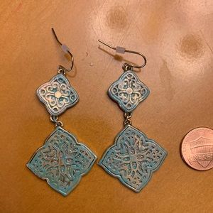 Hand painted light teal n gold dangly earrings